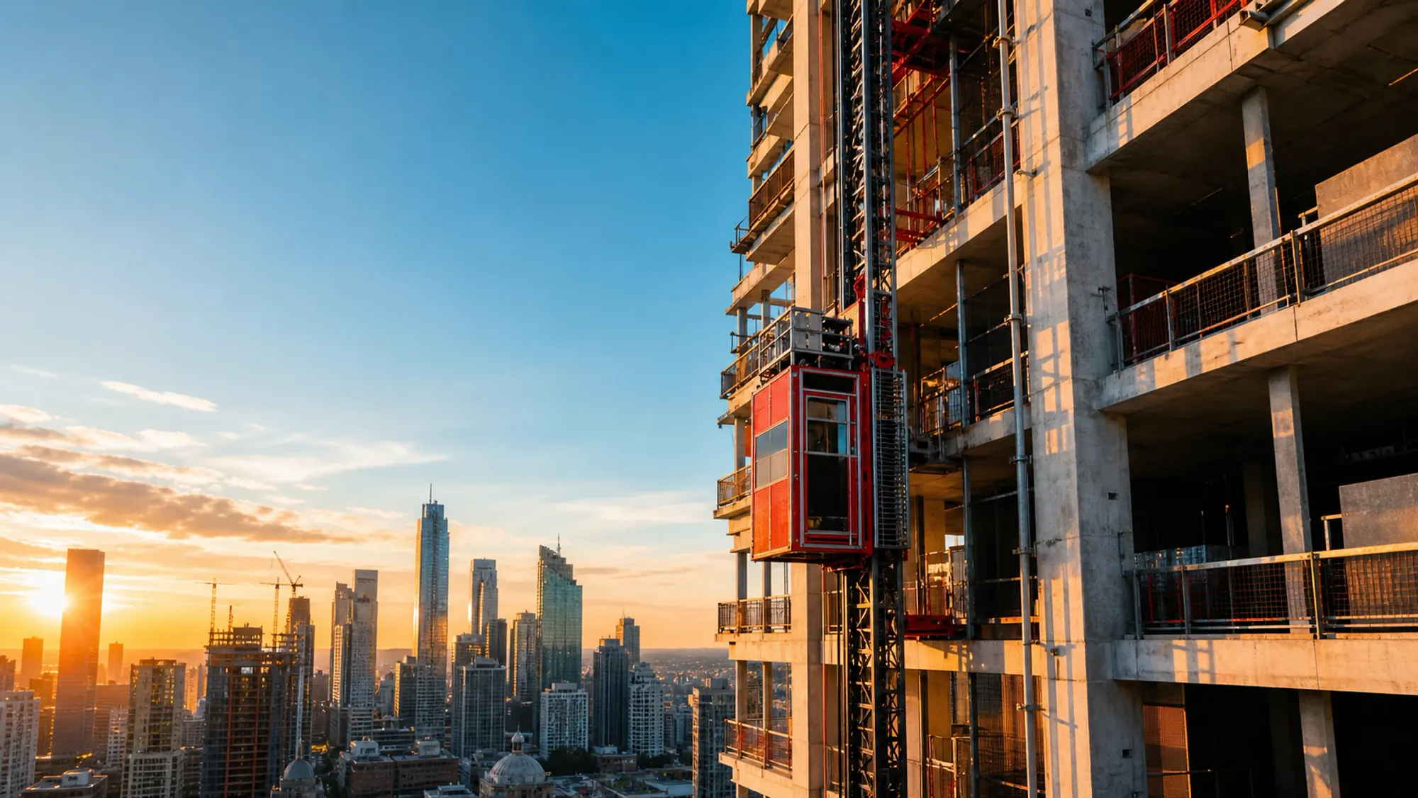Construction hoist rising alongside a high-rise building